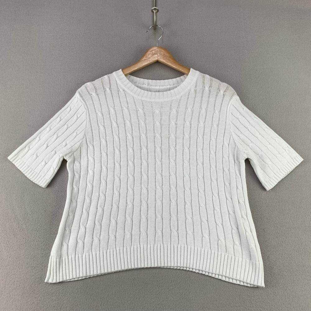 Womens Cable Knit Sweater Shirt size XL White Short Sleeve Viscose Preppy Y2K